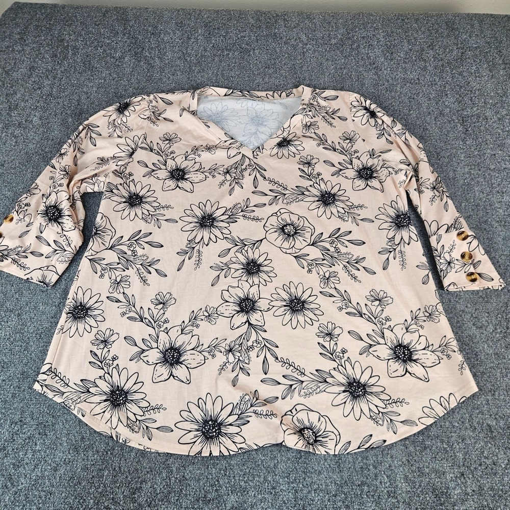 Floral V-Neck Blouse Peach Black Daisy Print 3/4 Sleeve Button Cuff Top 2XL